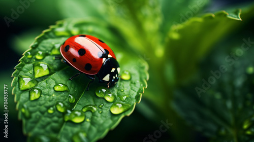 Ladybug on green leaf plant close up © Tariq