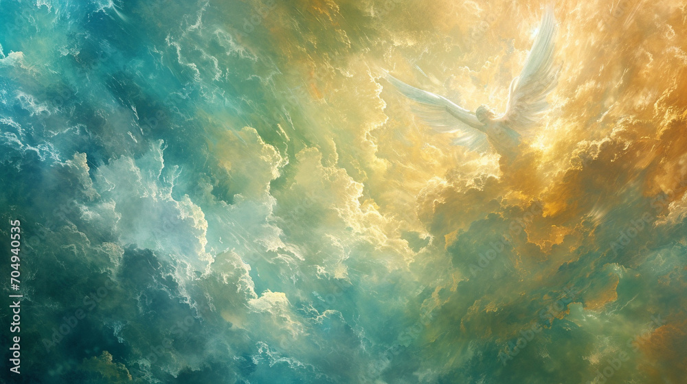 Angelic Presence in Eden's Skies An artistic portrayal of angelic beings in the skies above Eden, symbolizing divine presence and protection Ideal for religious teachings - obrazy, fototapety, plakaty 