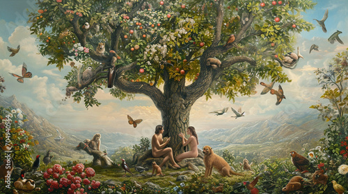 Adam and Eve under the Tree of Knowledge An evocative image of Adam and Eve under the Tree of Knowledge, suitable for religious teachings