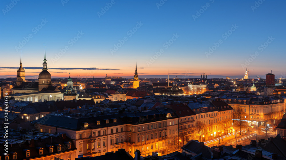 A historic European cityscape seen from a rooftop at dusk.