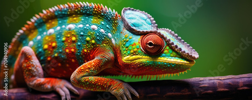 Chameleon in various colors. Colorful lizard detail.