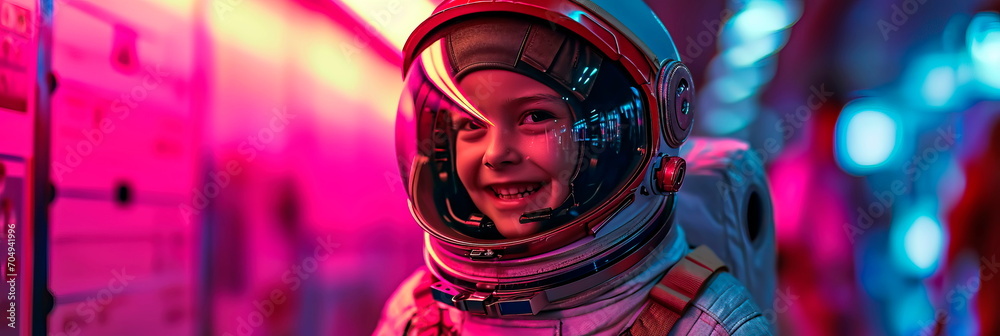 Child with a beaming smile in a spacesuit or a space lover dressed in a space-themed costume. Generative AI Child with a beaming smile in a spacesuit or a space lover dressed in a space-themed costume. Generative AI