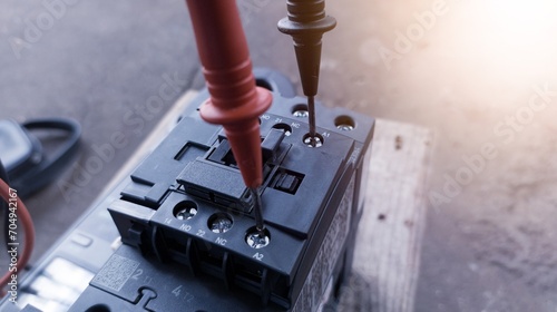 Canvas Print Checking magnetic contactor terminals using a multimeter, magnetic contactor electrical control components