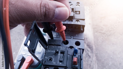 Checking magnetic contactor terminals using a multimeter, magnetic contactor electrical control components. Terminals connection wiring check.