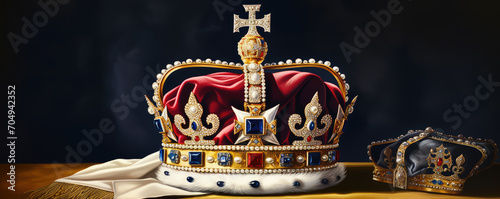 Royality kings crown in palace room background. photo