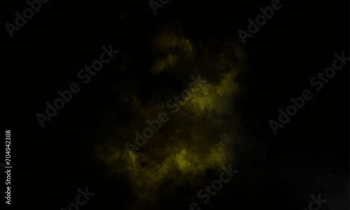 Yellow powder explosion on black background. Colored powder cloud. Colorful dust explode. Paint Holi. Colorful smoke close-up on a black background. Yellow cloud of smoke.