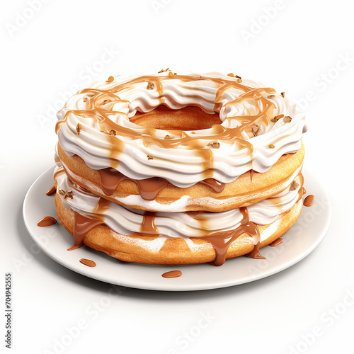 Paris-Brest cake with caramel on a white background. 3d illustration. photo