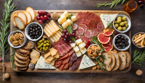 overhead view of an elegantly arranged charcuterie board photo