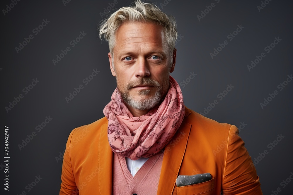 Portrait of a handsome mature man in orange jacket and pink scarf.