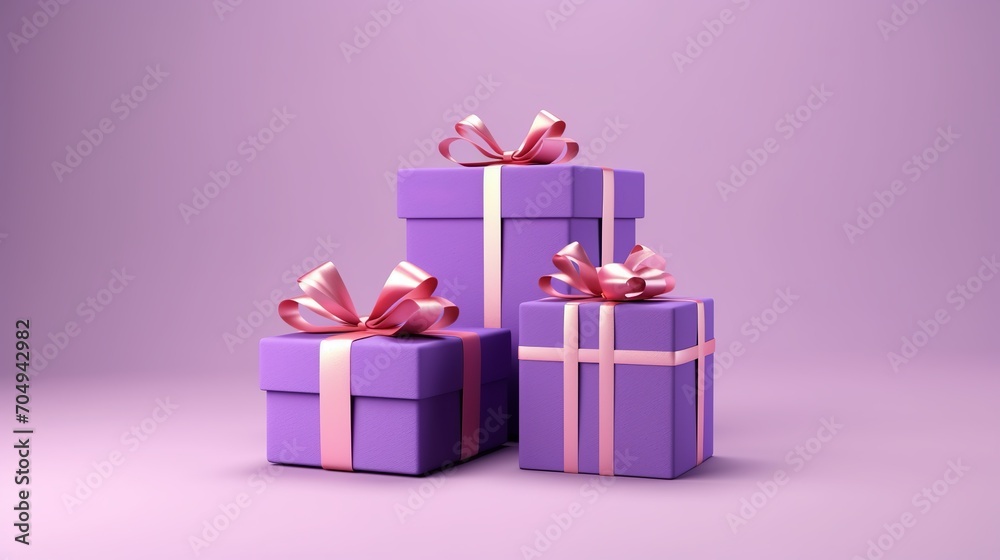 Two purple present boxes with ribbons and bows, isolated on a purple background, is depicted in this 3D picture.