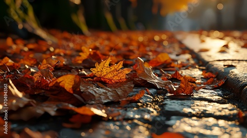 Autumn leaves on the pavement in the park. Selective focus.