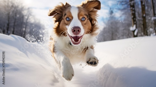 Australian Shepherd puppy that is energetic, playing in the snow on the natural © Suleyman