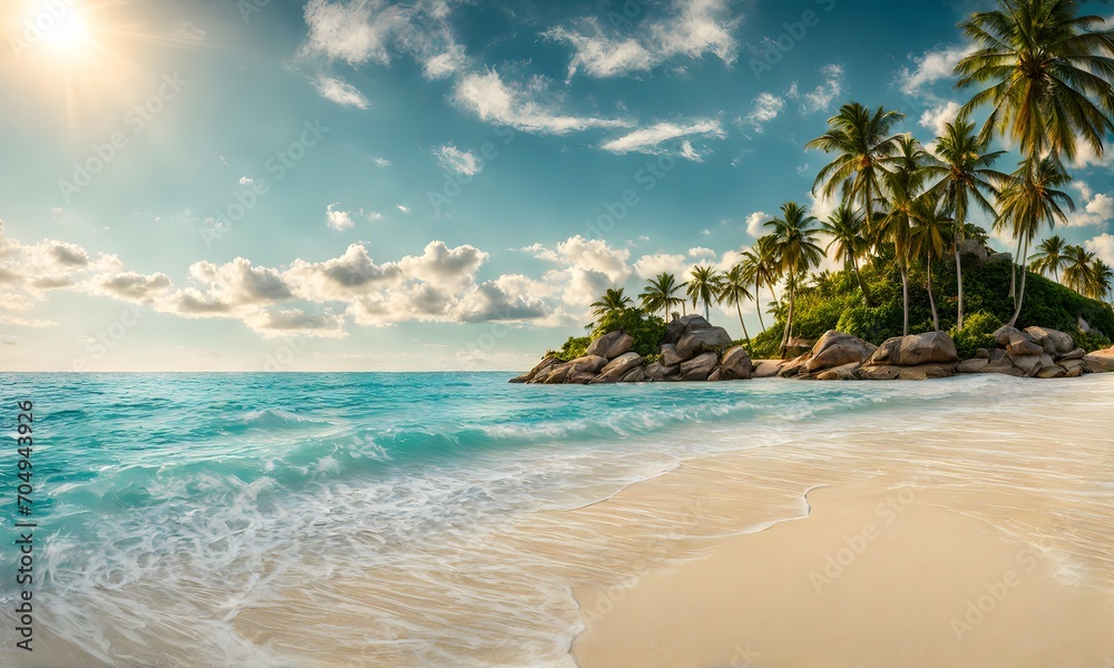 Tropical paradise: Beach, palms, and sea view Tropical paradise: Beach, palms, and sea view