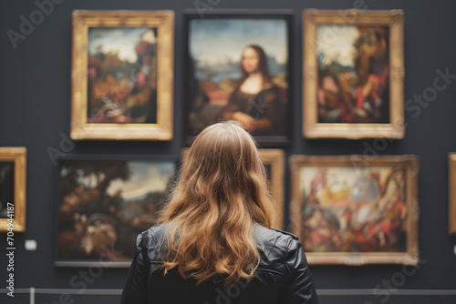Young woman looks at paintings in a museum photo