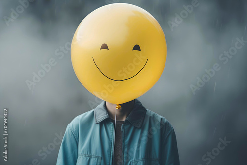 Man and balloon with balloon with smiley face, yellow balloon, Maximize Happiness, let go of worry and think about a positive concept, space for text