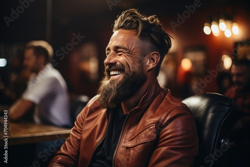 A handsome man with a beard and hairstyle is sitting in a bar