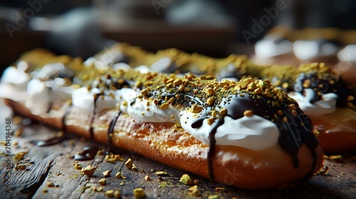 Chocolate eclairs with whipped cream and pistachios.