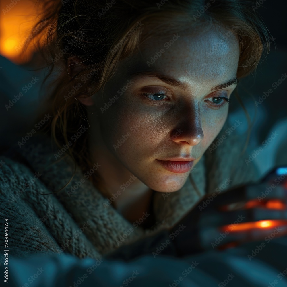 photograph of a sleep-deprived person in white pijame staring at their phone, bright screen illuminating a dark room photograph of a sleep-deprived person in white pijame staring at their phone, bright screen illuminating a dark room