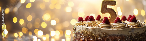 Celebration cake with a glittering golden '5', perfect for a 5th birthday or anniversary. Shiny number five, bokeh lights. Special event. Panoramic banner with copy space for text.