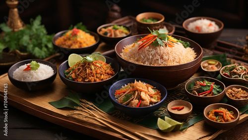 Showcase the rich textures and vibrant colors of your favorite Rice Thai dishes elegantly arranged on a wooden table