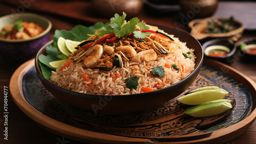 Showcase the rich textures and vibrant colors of your favorite Rice Thai dishes elegantly arranged on a wooden table