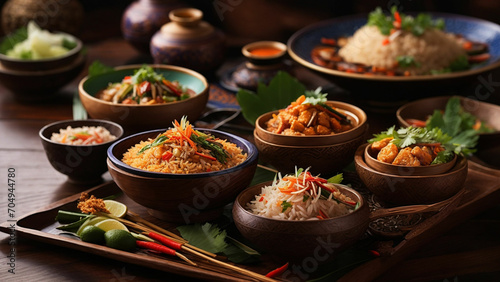 Showcase the rich textures and vibrant colors of your favorite Rice Thai dishes elegantly arranged on a wooden table