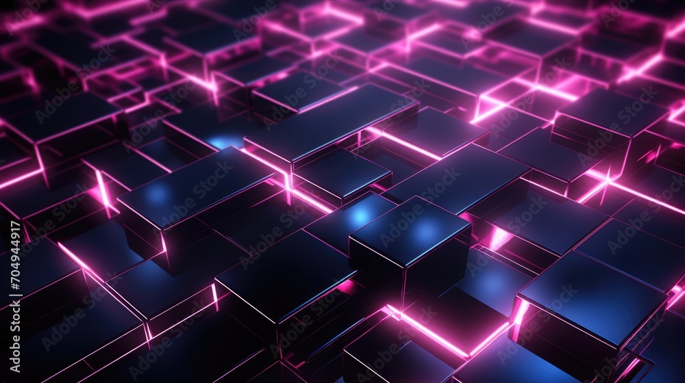 Obraz premium 3d rendering, abstract black metal faceted background , pink glowing neon light, square tile