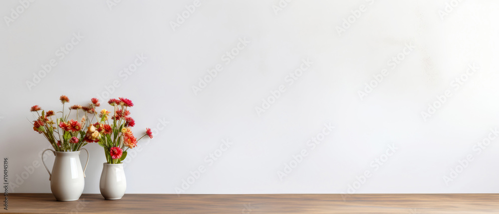 Mockup with empty space and vase with flowers. Still life composition. Spring time floral composition. Copy space. Generative AI