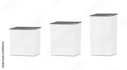 White blank trade show table counter, exhibition plinth. Different sizes, vector mock-up set. Tradeshow pedestal podium display stand mockup kit