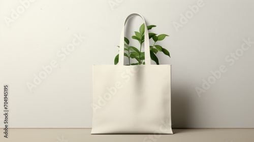 Layout for the design of a simple white canvas shopping bag with green plant leaves photo