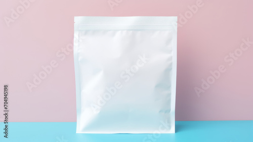 Mockup of an empty paper white bag with zip closure isolated on a flat pastel background