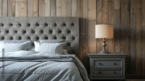 Bedside drawer nightstand and lamp near bed with grey fabric headboard against wood paneling wall