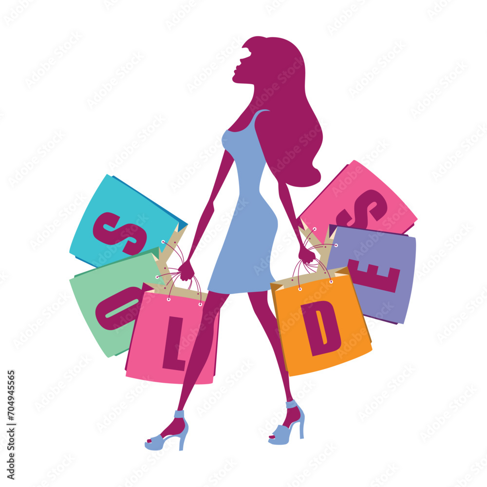 A woman walking with big shopping bags - france sale illustration