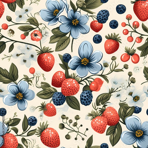 Strawberry and blueberry classic seamless pattern