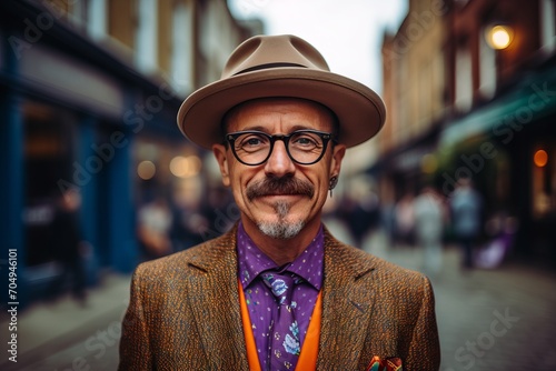 Portrait of a senior man with hat and glasses in London.