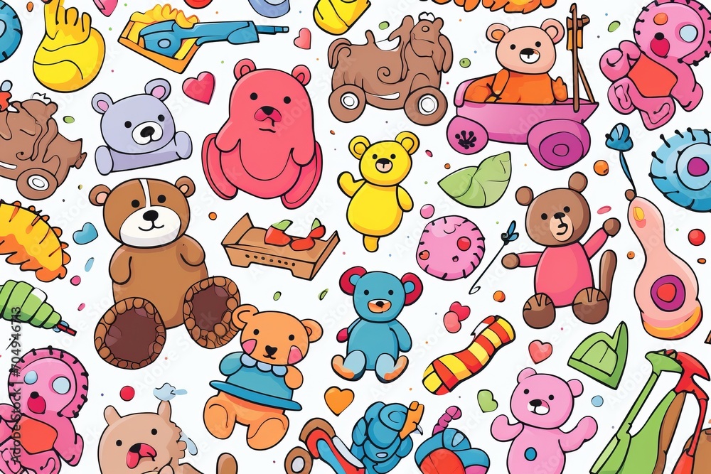 Cartoon cute doodles showcasing doodle sets of teddy bears, dolls, and toys in a delightful and adorable kids' seamless design, Generative AI Cartoon cute doodles showcasing doodle sets of teddy bears, dolls, and toys in a delightful and adorable kids' seamless design, Generative AI