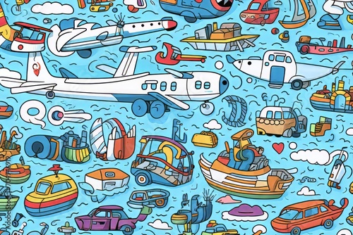 Cartoon cute doodles showcasing doodle sets of various transportation modes  including planes  trains  and boats  in a lively and dynamic  Generative AI
