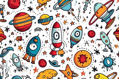 Cartoon cute doodles featuring a doodle set of outer space elements, rockets, and planets in an imaginative kids' seamless pattern, Generative AI