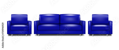 Upholstered furniture set. Dark blue modern leather sofa and armchairs with metal legs. Realistic vector illustration