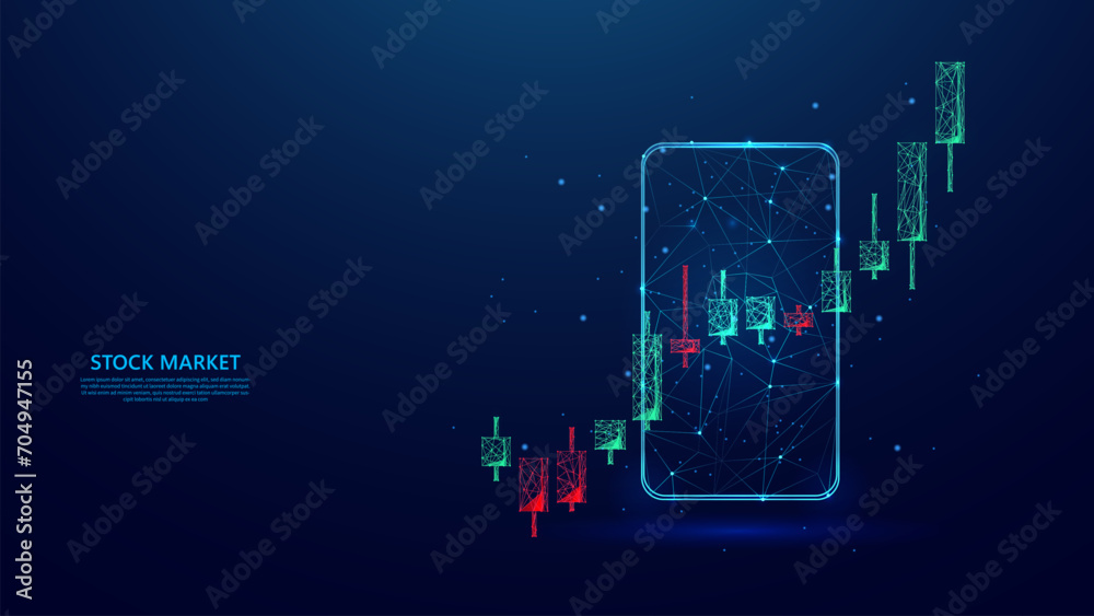 illustration of stock market trading activities on the smartphone screen. stock market uptrend on candlestick chart. blue low poly style background. vector illustration. illustration of stock market trading activities on the smartphone screen. stock market uptrend on candlestick chart. blue low poly style background. vector illustration.