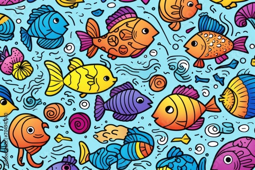 Cartoon cute doodles featuring a doodle set of underwater creatures, fish, and seashells in a playful and aquatic kids' seamless design, Generative AI