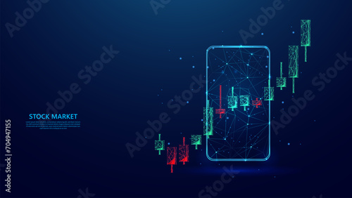 illustration of stock market trading activities on the smartphone screen. stock market uptrend on candlestick chart. blue low poly style background. vector illustration.