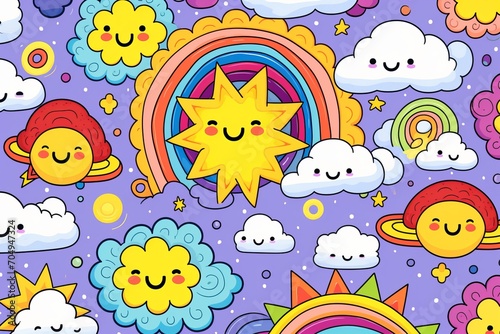 Cartoon cute doodles featuring doodle sets of smiling suns, clouds, and rainbows in a charming and colorful seamless design, Generative AI