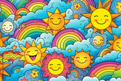 Cartoon cute doodles featuring doodle sets of smiling suns, clouds, and rainbows in a charming and colorful seamless design, Generative AI