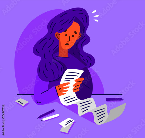 Young woman in trouble have a very long list to do  vector illustration of a stressed girl with long checklist  may be used as a long bill or check.