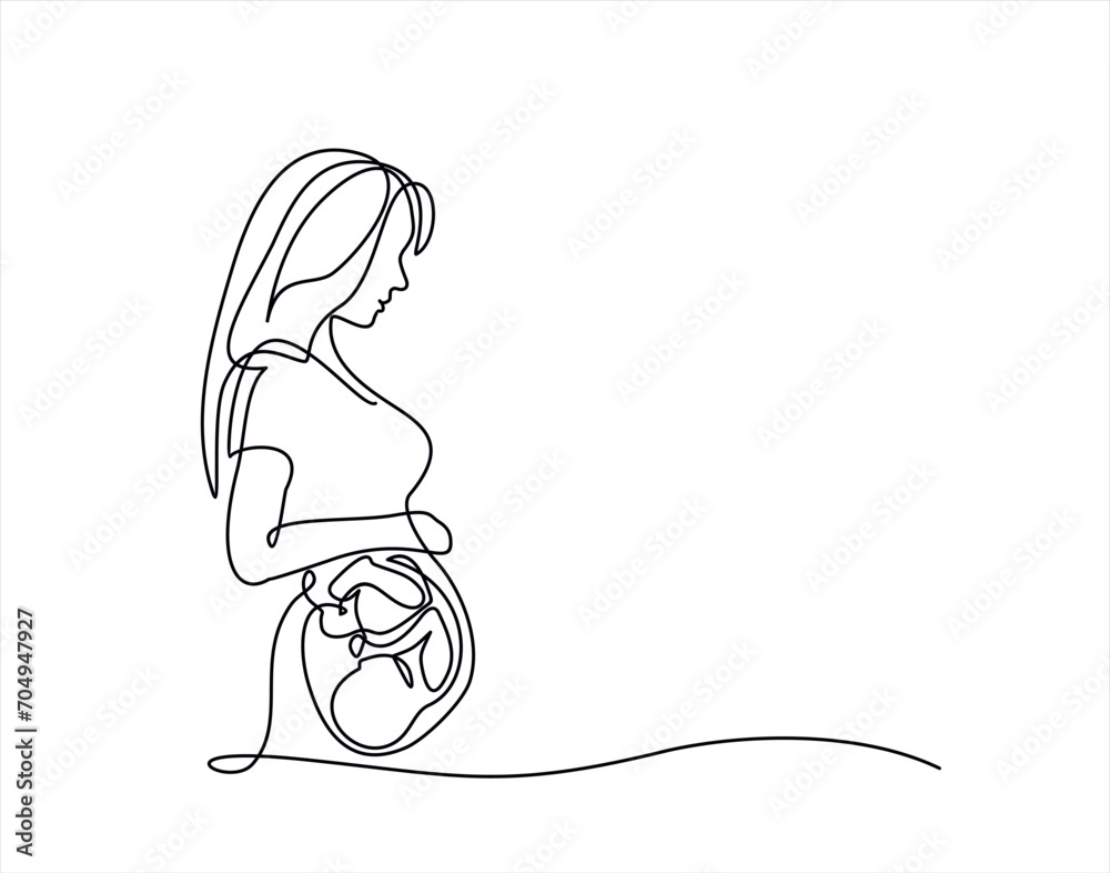 Continuous One line of pregnant woman with embryo silhouette on white background. The concept of women's health, childbirth, abortion, new life, single mother. Continuous One line of pregnant woman with embryo silhouette on white background. The concept of women's health, childbirth, abortion, new life, single mother.