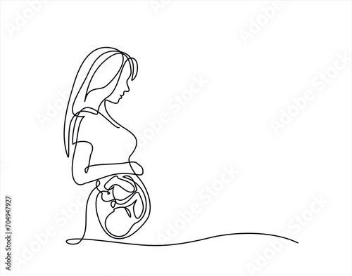 Continuous One line of pregnant woman with embryo silhouette on white background. The concept of women's health, childbirth, abortion, new life, single mother. 