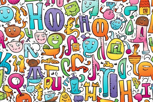Cartoon cute doodles illustrating a set of hand-drawn alphabet letters and numbers in a playful and educational seamless design, Generative AI 