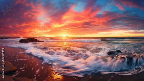 beautiful of colorful ocean beach sunrise with wave