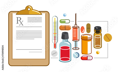 Prescription of medicine concept, different drugs and meds vector flat style illustration isolated over white, advertising banner health care and healing medical theme design, RX.